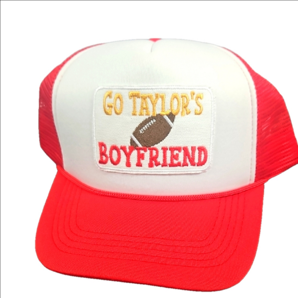 Red and White Trucker Hat with Football Design